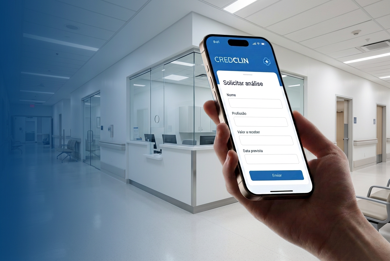 Celular na mão com a tela ilustrativa da CREDCLIN e um hospital ao fundo